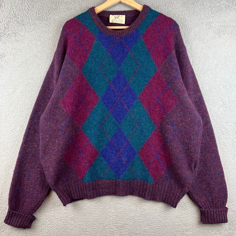 Lord Jeff Vintage Mens XL Shetland Wool Argyle Crewneck Sweater Made in Ireland